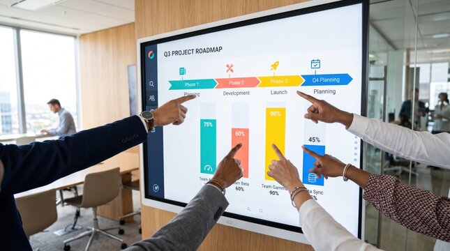 Business team pointing fingers at Q3 project roadmap timeline chart on large interactive screen display in meeting room, planning development launch phases, corporate strategy