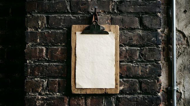Blank rustic paper on wooden clipboard hanging on dark brick wall