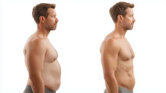 Side profile comparison of a man before and after weight loss, illustrating body transformation, reduced abdominal size, fitness progress, healthy lifestyle and weight management.