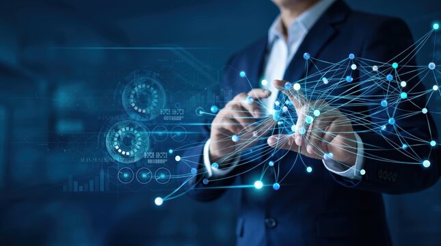 Businessman in suit touching virtual futuristic interface screen, manipulating holographic network nodes and data points, symbolizing corporate management, digital transformation