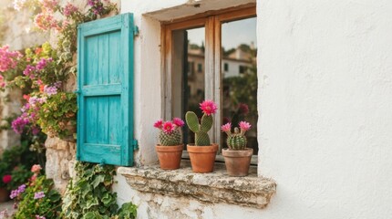 Fototapeta premium Charming Mediterranean window with blooming cacti and vibrant bougainvillea flowers