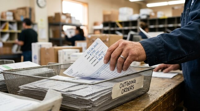 Worker's hand placing a completed order form into an outgoing tray, shallow focus | Medical Supply Chain & Hospital Logistics Close-Up Stock Photo