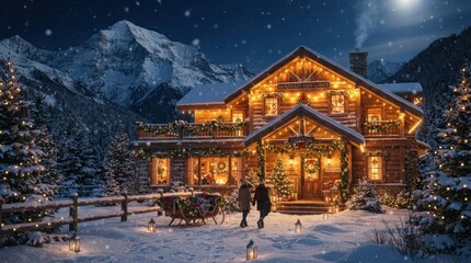 Fototapeta premium Cozy wooden lodge decorated with Christmas lights and snow