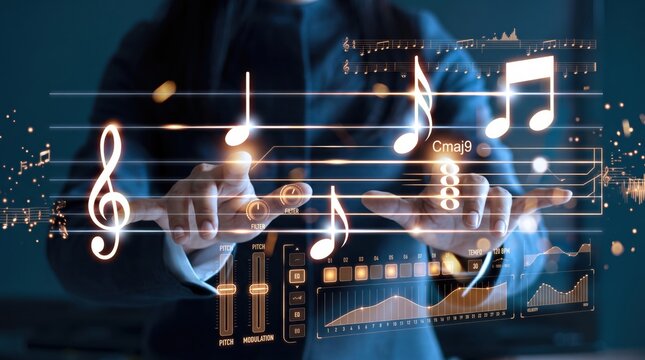 Musician composing music with holographic interface, musical notes and audio waveforms visualization, sound engineering technology, creative production process, digital melody