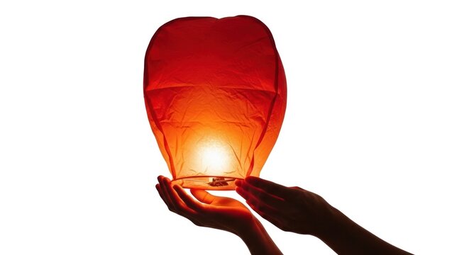 Hands Releasing a Glowing Red Sky Lantern into the White Sky.