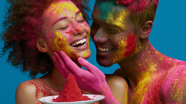 Happy couple covered in colorful powder celebrating holi festival