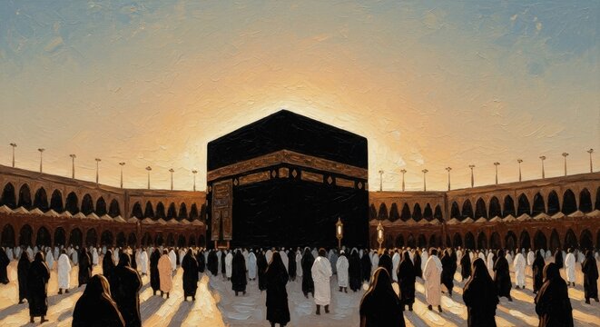 Kaaba in Mecca at Sunset with Pilgrims Performing Tawaf.