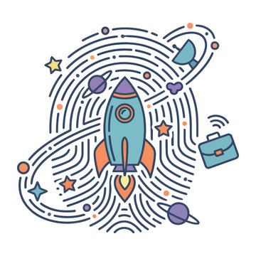 Retro space rocket illustration, colorful galaxy line art with planets and stars, creative startup business concept art