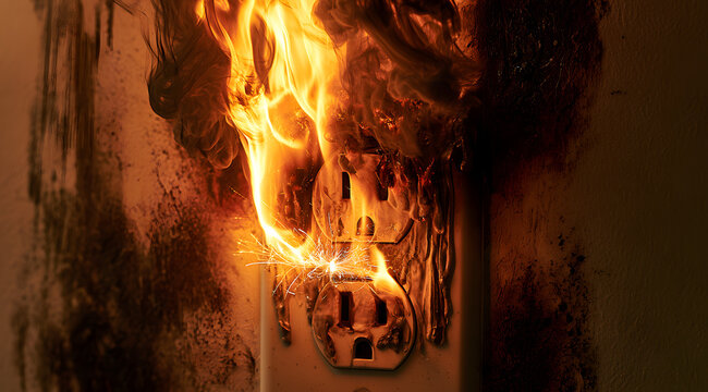 A close-up view of an electrical wall outlet engulfed in flames, showing signs of severe burning and a potential electrical fire hazard.