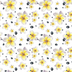 Seamless watercolor pattern with white and yellow plumeria flowers and black papaya seeds in a tropical botanical style. Illustration for fabric, wallpaper, packaging, stationery and cosmetics. © Mea_ta 