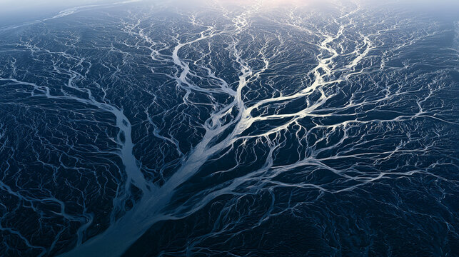 Aerial view of a braided river system in iceland, abstract nature