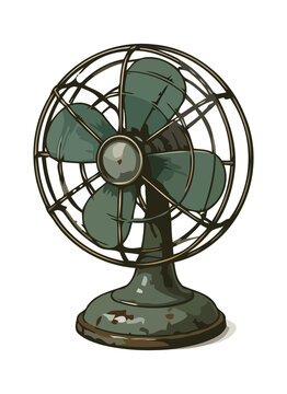 Vintage Antique Electric Fan Isolated on White Background, Classic Retro Metal Ventilator for Cooling, Air Circulation, Home Appliance, and Traditional Decor