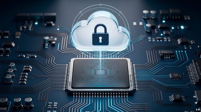 Secure cloud computing architecture showing digital padlock floating above glowing processor microchip on motherboard