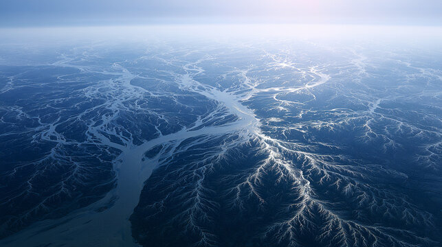 Aerial view of a vast river delta landscape at sunset