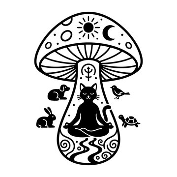Mystical celestial mushroom illustration, meditating cat with forest animals, spiritual zen fungus art, black and white occult graphic