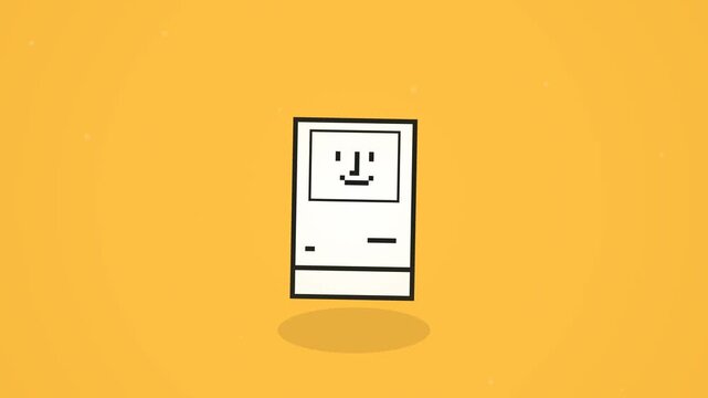 White retro computer icon with smiley face on orange background, representing technology, digital device, and friendly tech motion graphic.