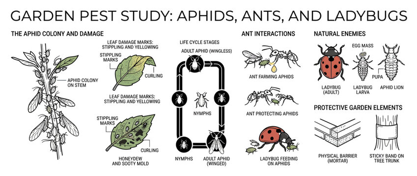 Garden pests study: aphids, ants, and ladybugs information graphic