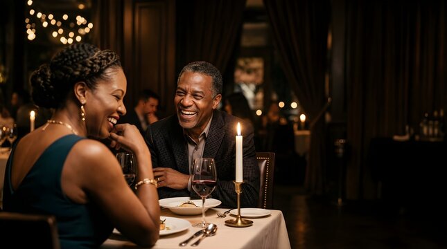 Happy mature couple laughing during a romantic candlelit dinner date