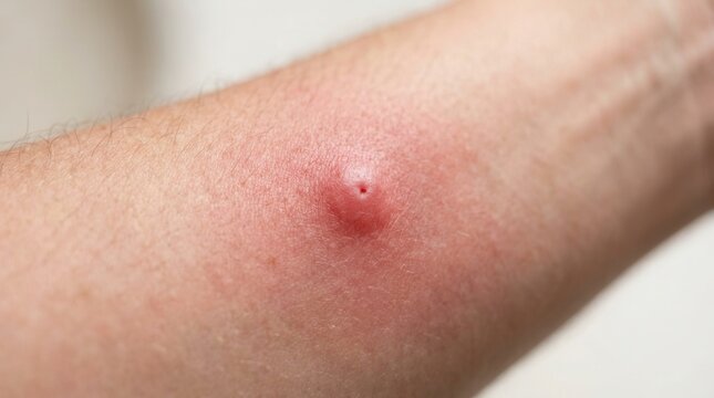 Human skin with an inflamed insect bite showing swelling and redness caused by infection or allergic reaction