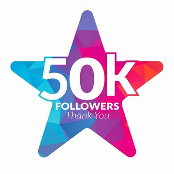 Colorful star shape badge celebrating 50k followers with thank you message