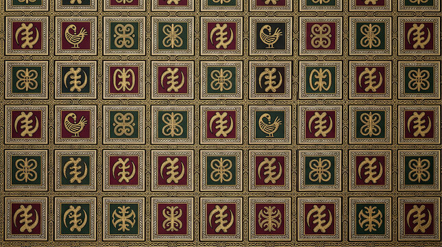 Repeating tiled pattern of adinkra symbols with gold and dark colors for cultural backdrop design.