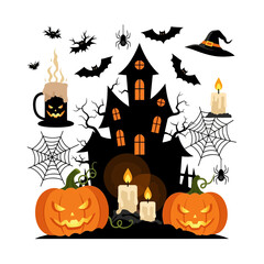 Fototapeta premium Spooky Halloween Icons: Haunted House, Jack-o'-lanterns, Bats, Spiders, Witch Hat, Candles, and Brew Cup on Transparent Background
