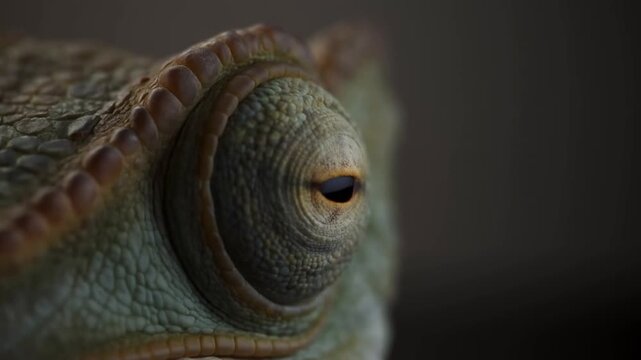 Close up of chameleon eye blinking and moving slightly in macro shot