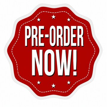 Red pre-order now badge with white stars and dotted border