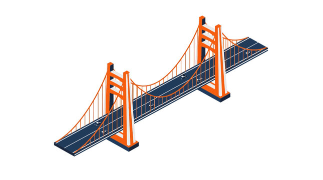 Isometric orange suspension bridge with traffic on white background
