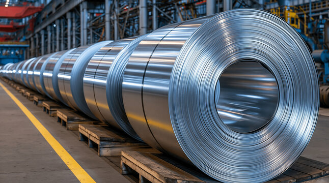 Large steel coils sit on pallets in a heavy manufacturing plant. Industrial production and metal supply chain concept.