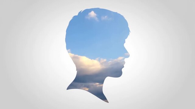 Human head silhouette in side profile with cloudy sky texture on a clean white background