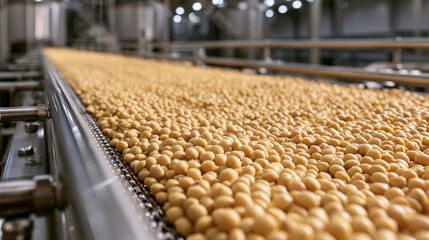 Fototapeta premium Soybeans move along an industrial conveyor belt in a processing plant. Agriculture and food production industry concept.