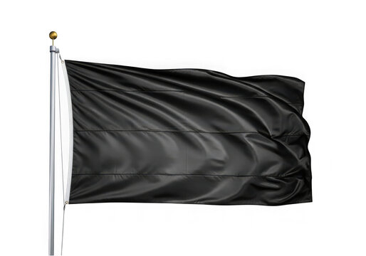 A single plain black flag waving in the wind attached to a metallic pole on display isolated on transparent background