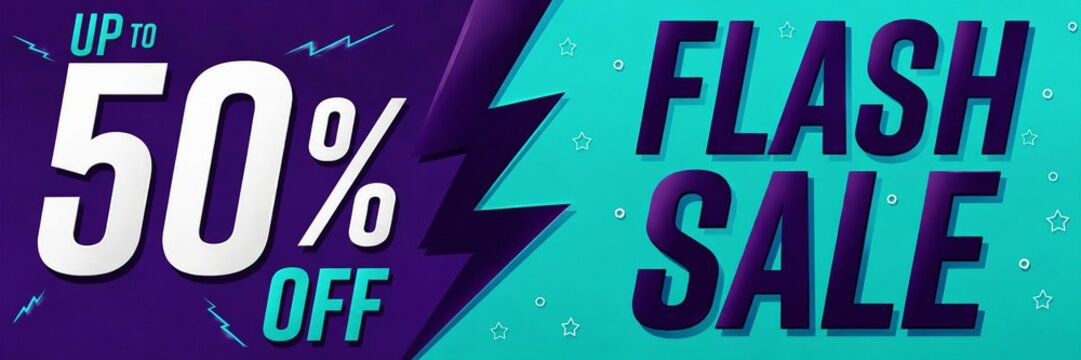 Flash sale banner with up to 50 percent off discount offer