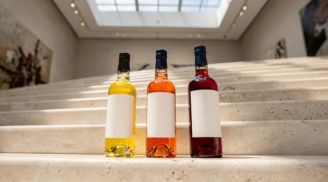 Three bottles of wine on a staircase with blank labels.