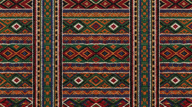 Vibrant woven fabric with traditional ethnic patterns in rich red, green, blue, and orange, perfect for cultural textile designs.