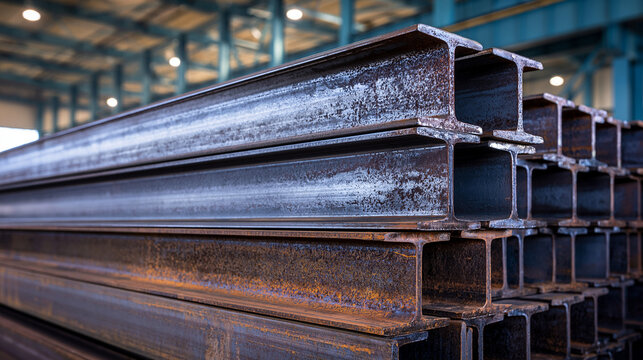 Stacked heavy metal I-beams stored in a large factory warehouse. Represents structural supply for construction and.