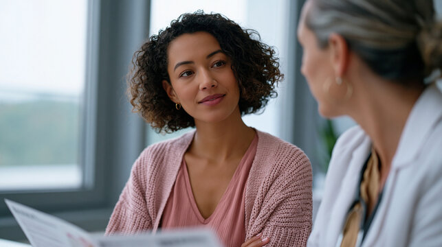 Young woman mid-twenties in a fertility clinic consultation room listening intently to a reproductive endocrinologist explain egg freezing procedures, a medical brochure open