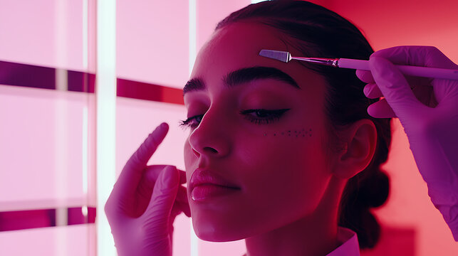 Young woman receiving dermaplaning facial treatment with a small surgical blade in a glowing pink aesthetic clinic