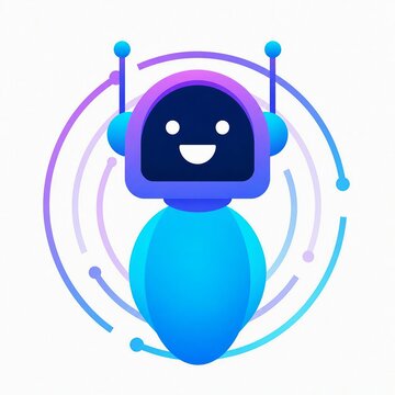 Smiling friendly robot character with headphones and antennae in futuristic design