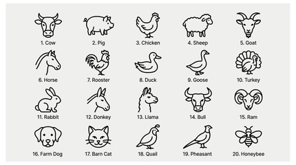 Fototapeta premium Domestic and farm animals icons set linear. common livestock, poultry, and pets found in agricultural and rural settings.