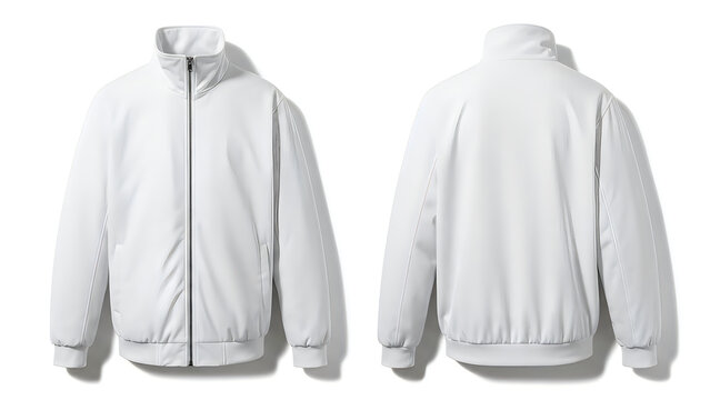 Front and back view of a white casual zip up jacket isolated on white background