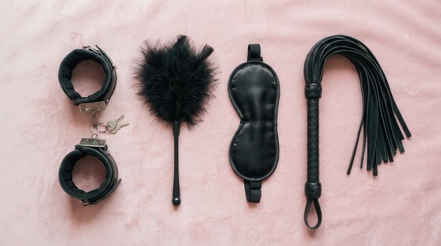 Set of black leather adult toys on a pink background illustration