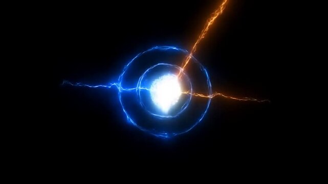 glowing energy sphere expanding with blue and orange lightning discharges in darkness