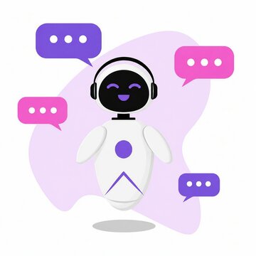 Cartoon robot with headphones chatting through speech bubbles