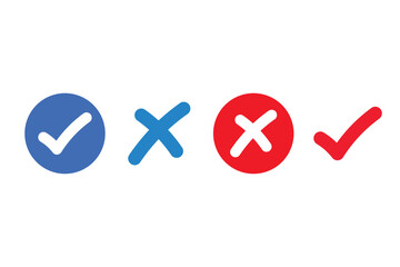 Approved checkmark, rejected cross, and decision choice vector icon set. Circular and isolated check mark tick and close cross symbols in dark purple and light blue for task status,  © fatima