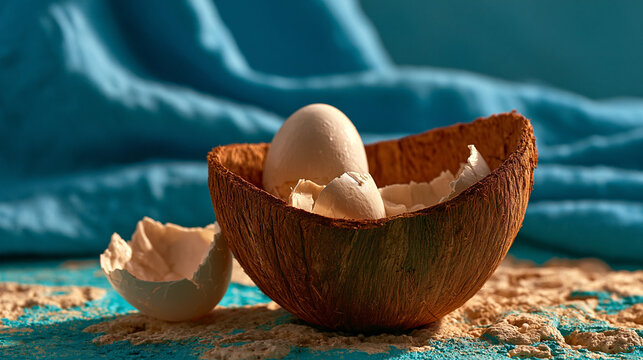Broken white egg in natural coconut shell bowl with breakfast culinary ingredient