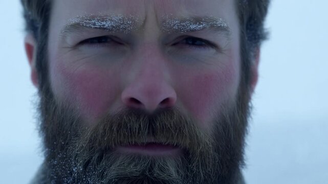 Frostcovered bearded man looking straight ahead in snowy winter landscape with steady gaze
