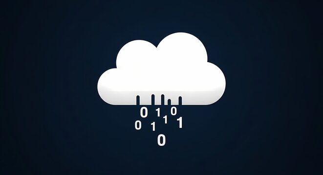 Cloud computing icon with binary data rainfall on dark blue background, internet