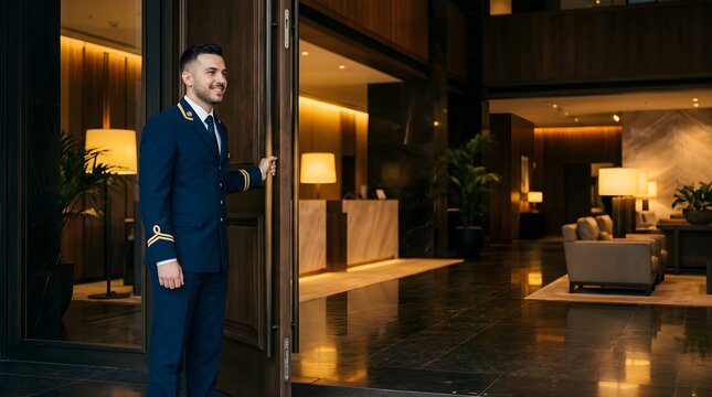 Smiling doorman in uniform opening a modern luxury hotel lobby door